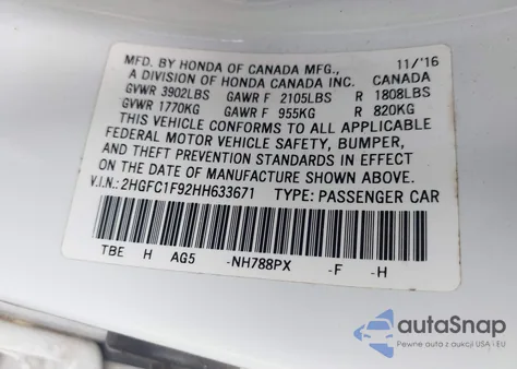 2017 Honda Civic Touring из США, поврежденный, VIN 2HGFC1F92HH633671